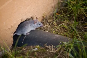 Gray mouse entering a Florida business through a large crack in a wall before pest exclusion services are completed