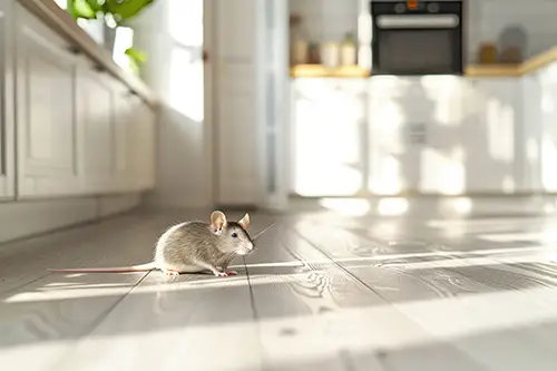 Rodent walking across a tiled floor