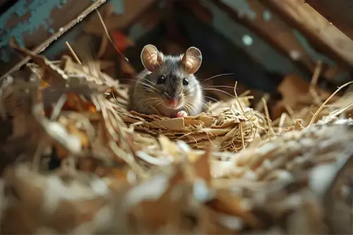 Rodent sitting in a nest in an attic