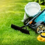 Lawn tools including a rake, mower, sprinkler, and bag of fertilizer, set on a beautiful lush green lawn.